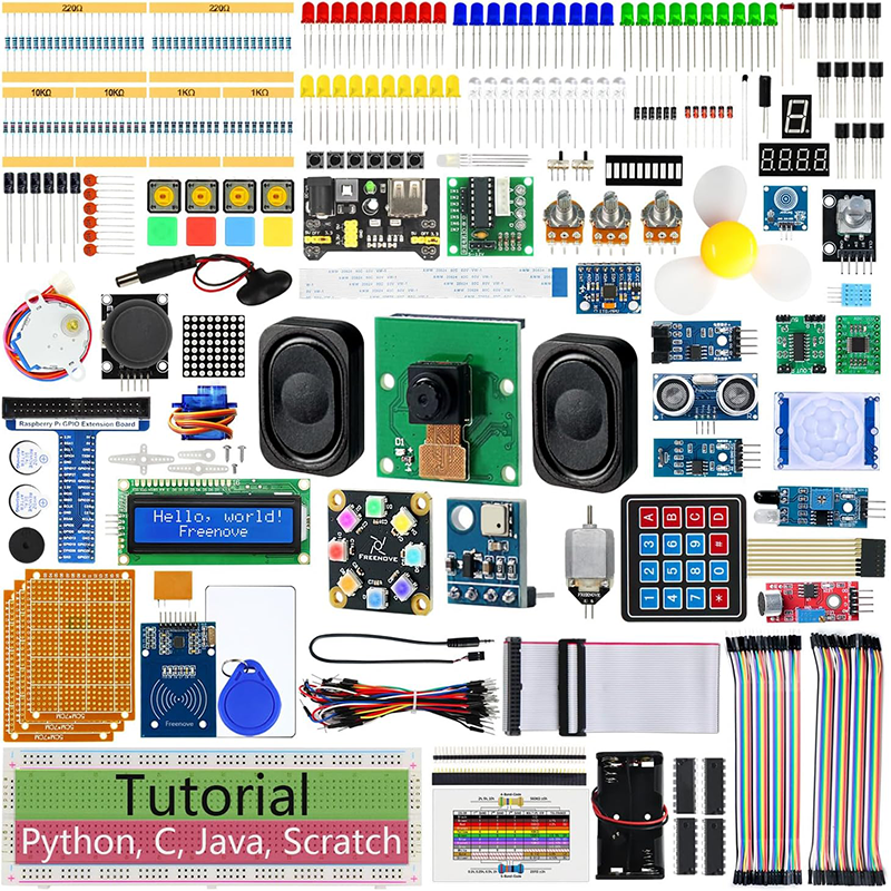 Freenove Complete Starter Kit for Raspberry Pi 5 4 B 3 B+ 500 Zero 2 W, 1170-Page Tutorial, Python C Java Scratch Processing Code, 386 Items, 164 Projects, Camera Speaker (Raspberry Pi NOT Included)