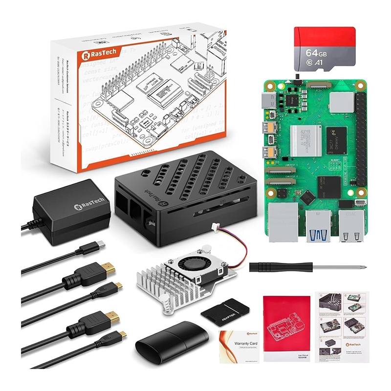 RasTech Raspberry Pi 5 8GB Kit 64GB Edition with Active Cooler,27W GaN 5.1V5A USB-C Power Supply,Pi5 8GB Board,64GB Card Readers Kit,Pi 5 Case,Dual 4K Micro HD Out Cables and User Manual