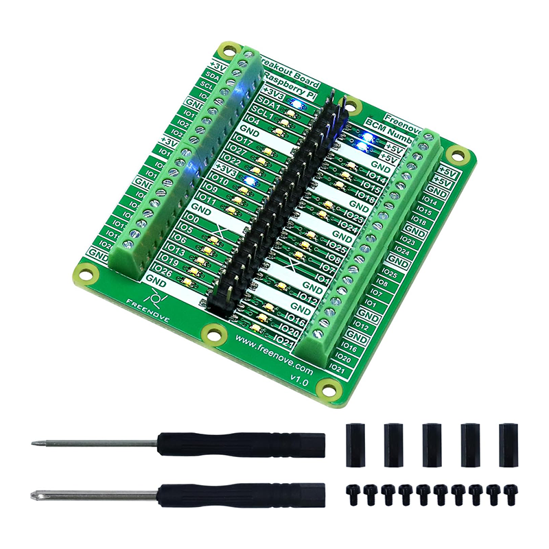 Freenove Breakout Board for Raspberry Pi 5 / 4B / 3B+ / 3B / 3A+ / 2B / 1B+ / 1A+ / Zero 2 W/Zero W/Zero, Terminal Block Shield HAT with Pin Header, GPIO Status LED