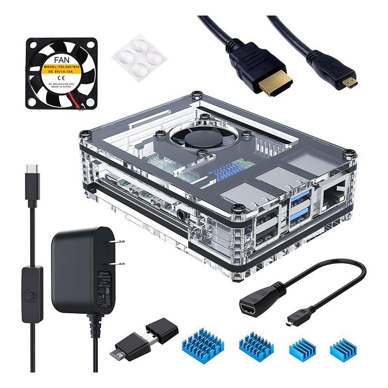 Miuzei Case for Raspberry Pi 4 with Fan, USB-C Power Supply, Micro HDMI Cable, HDMI Adapter, Aluminum Heat Sinks, USB Card Reader