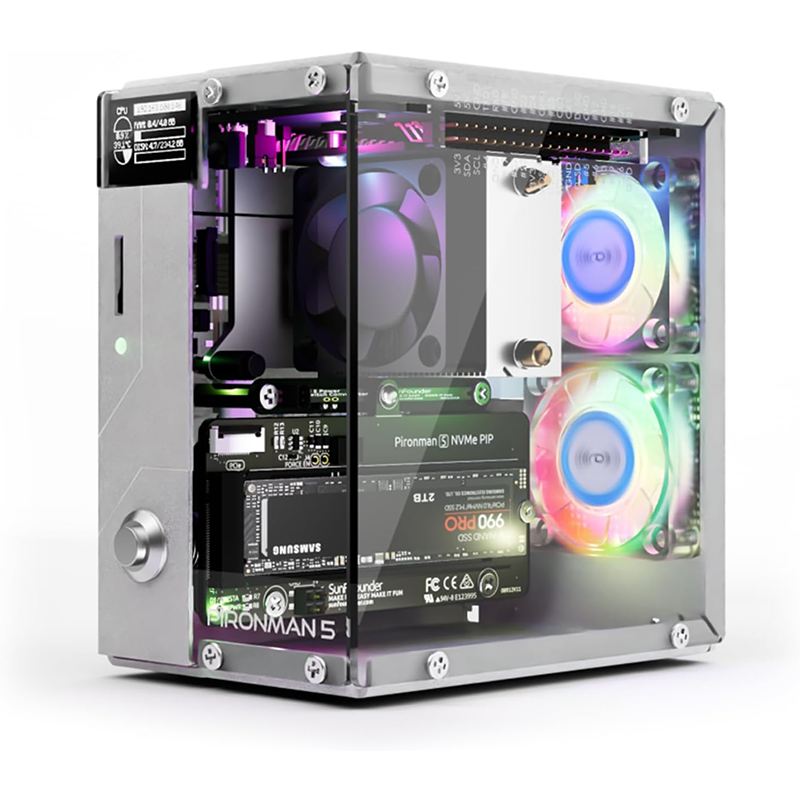 Pironman 5 NVMe M.2 SSD PCIe 2.0/3.0 Mini PC Case for Raspberry Pi 5 Hailo-8L AI Accelerator with Tower Cooler+Dual RGB Fans, 0.96'' OLED Module, Safe Shutdown, Standard HDMI, RGB Effect
