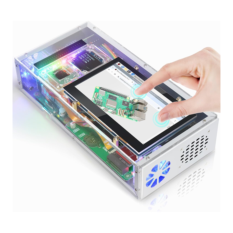FREENOVE Raspberry Pi 5 Case with Screen (4.3'' Touchscreen), 128GB M.2 NVMe SSD 800 MB/s, 5 MP Camera, OLED Screen, Stereo Speakers, 3.5 mm and Optical Audio (S/PDIF)