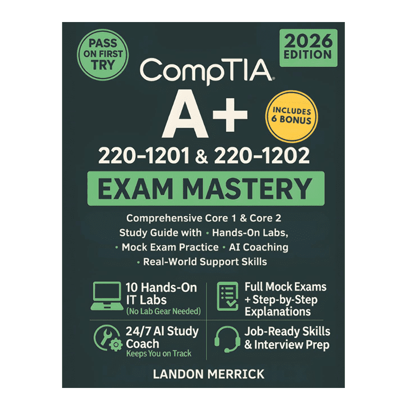 CompTIA A+ 220-1201 & 220-1202 Exam Mastery: Comprehensive Core 1 & Core 2 Study Guide with Hands-On Labs, Mock Exam Practice, AI Coaching, and Real-World Support Skills by Landon Merrick (Author)
