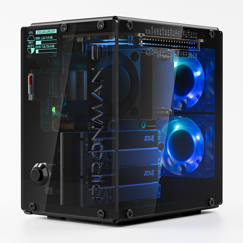 Pironman 5-MAX Dual NVMe M.2 SSD PCIe PC Case for Raspberry Pi 5 NAS RAID 0/1 Hailo-8L AI Accelerator PWM Tower Cooler+Dual RGB Fans, 0.96" OLED Module, Safe Shutdown, Standard HDMI(RPI5 Not Included)