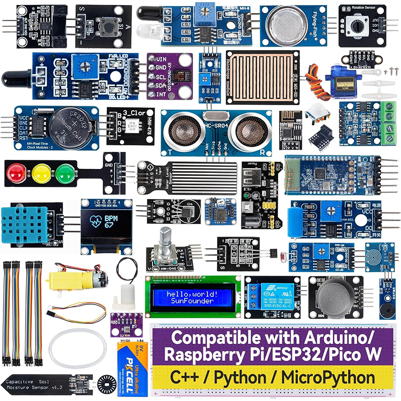 SunFounder Universal Maker Sensor Kit Compatible with Arduino Mega 2560/Uno R3/R4 Minima/WiFi Nano, Raspberry Pi 5/4B/3B+/Zero 2 W/, Pico W, ESP32, C++, Python, MicroPython, Beginners & Engineers