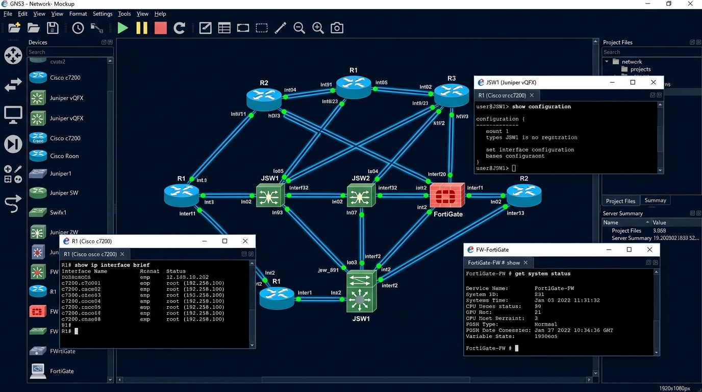 Cisco IOS, Juniper JunOS, Fortinet FortiOS, MikroTik RouterOS — All Running in One Simulated Environment
