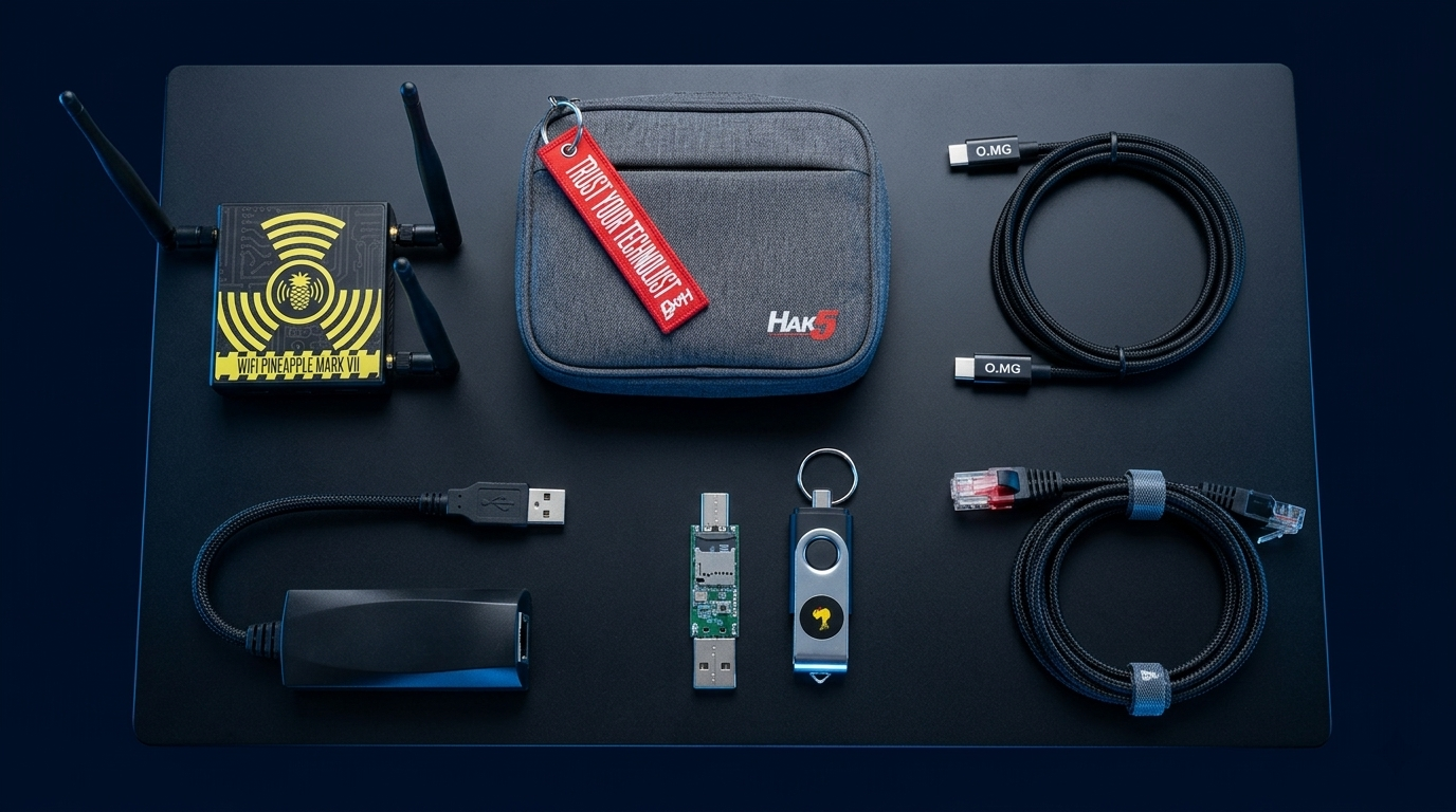 WiFi Pineapple, USB Rubber Ducky, Shark Jack, LAN Turtle, O.MG Cable — Five Devices, Five Attack Vectors