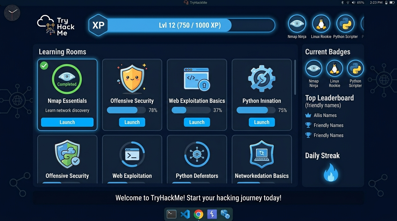 Guided Rooms, In-Browser Machines, Learning Paths, and Gamified Progression — No Setup Required