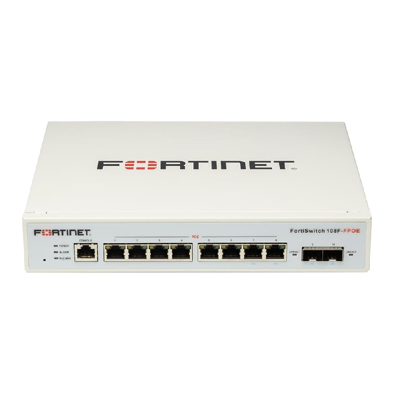 Fortinet FortiSwitch 108F-FPOE Layer 2 Switch. Managed. 8XGE Port, 2X SFP Port, 1X RJ45 Port. Fanless Design