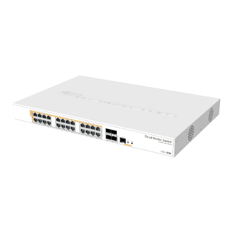 Mikrotik CRS328-24P-4S+RM 24 port Gigabit Ethernet router/switch with four 10Gbps SFP+ ports in 1U rackmount case, Dual Boot and PoE output, 500W