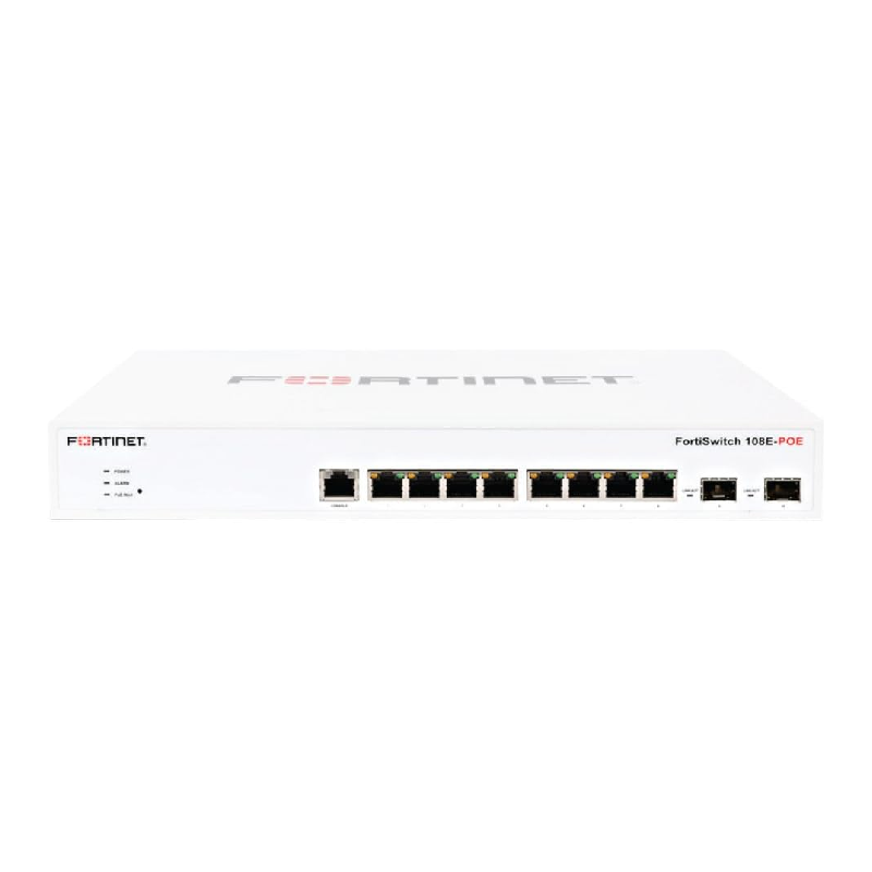 Fortinet FortiSwitch 108E-POE Layer 2 FortiGate Switch Controller Compatible PoE+ Switch - 8 x GE RJ45 Ports, 2 x GE SFP
