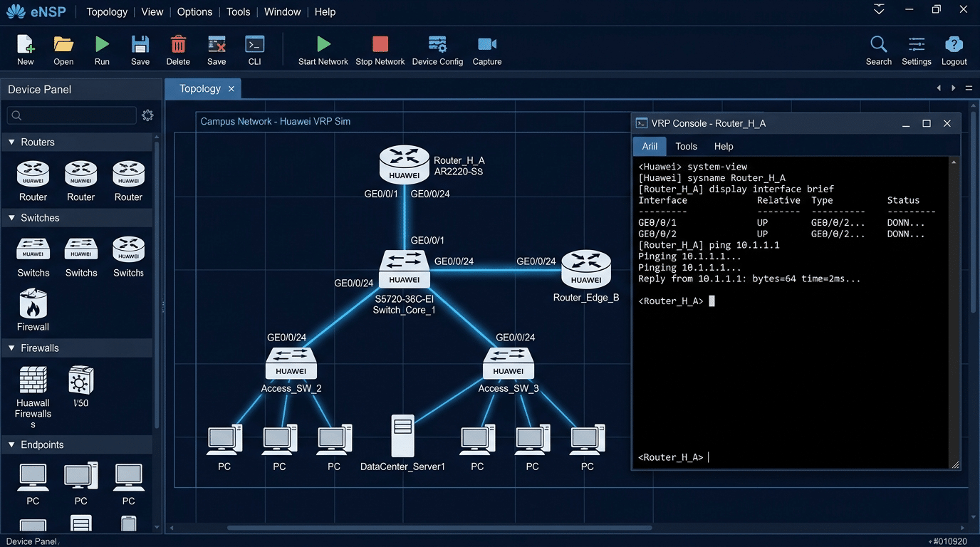Huawei eNSP Interface — Network Topology with AR Routers, S Switches, and USG Firewalls Running Real VRP Operating System