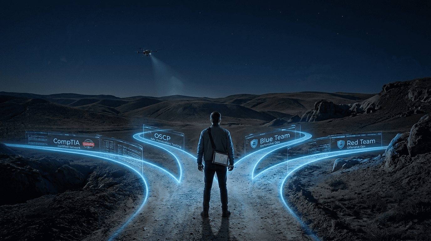 Figure at crossroads with glowing cybersecurity paths
