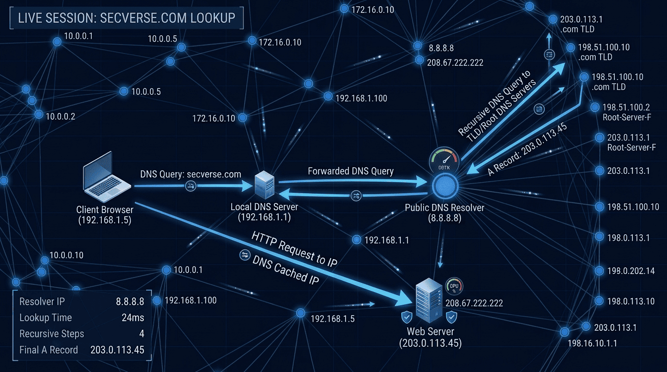 A visualization of IP addressing cybersecurity, showing IP addresses routing across a network with DNS resolving domain names to IPs