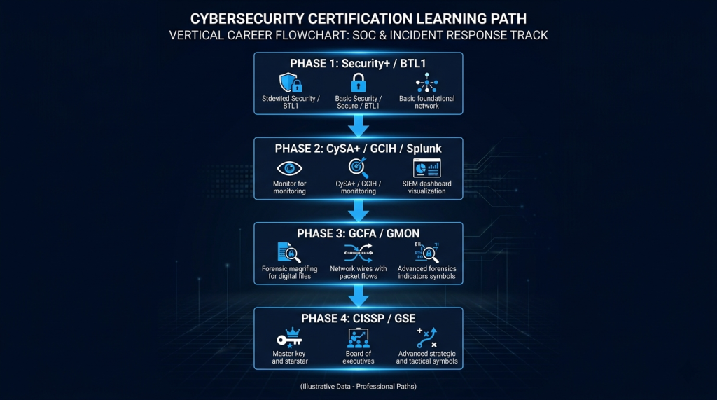 Security+/BTL1 Foundation → CySA+/GCIH Operations → GCFA/GMON Engineering → CISSP Architecture