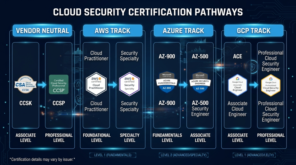 Vendor-Neutral (CCSK/CCSP) + AWS Security Specialty + AZ-500 + GCP Cloud Security Engineer