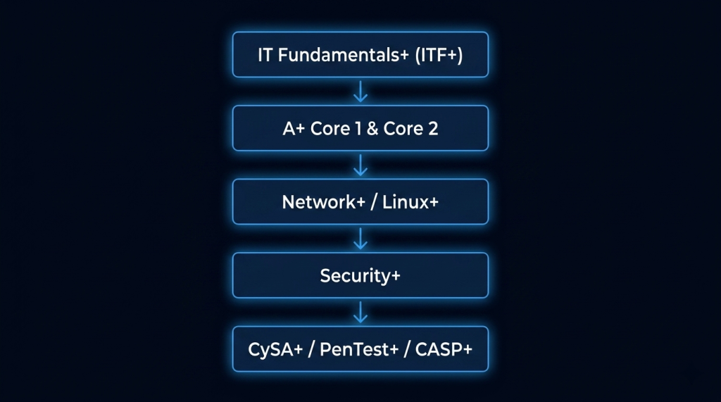 Five Phases from Zero to Advanced: ITF+ → A+ → Network+ → Security+ → CySA+ / PenTest+ / SecurityX