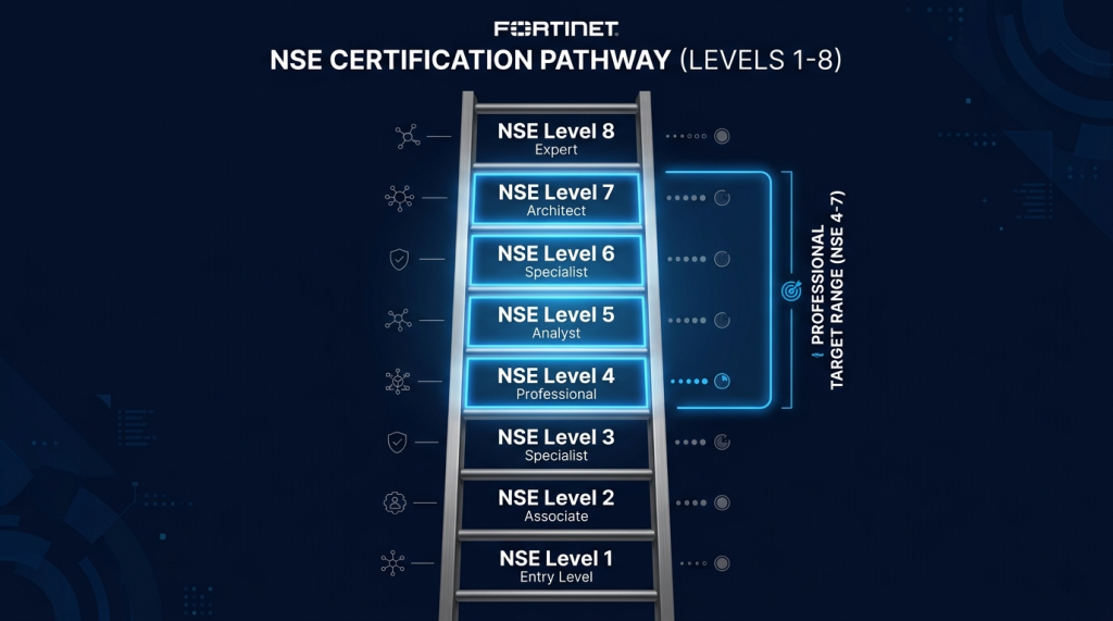 NSE 1–3 (Free Foundation) → NSE 4 (Professional) → NSE 5–6 (Specialist) → NSE 7–8 (Expert)