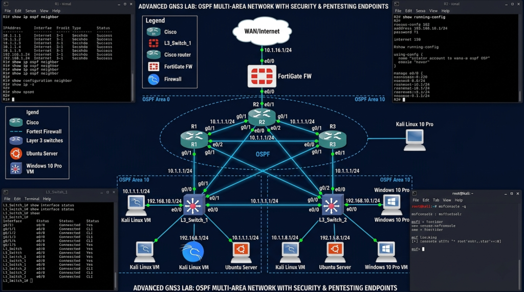 Three Cisco Routers, FortiGate Firewall, Kali Linux Attacker, Ubuntu Server — A Complete Attack and Defense Lab
