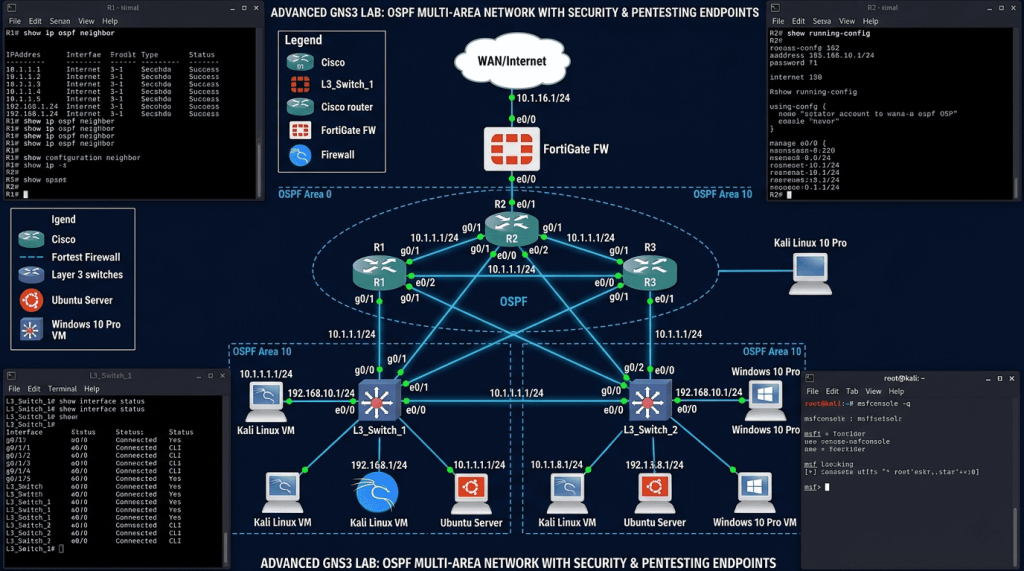 Three Cisco Routers, FortiGate Firewall, Kali Linux Attacker, Ubuntu Server — A Complete Attack and Defense Lab