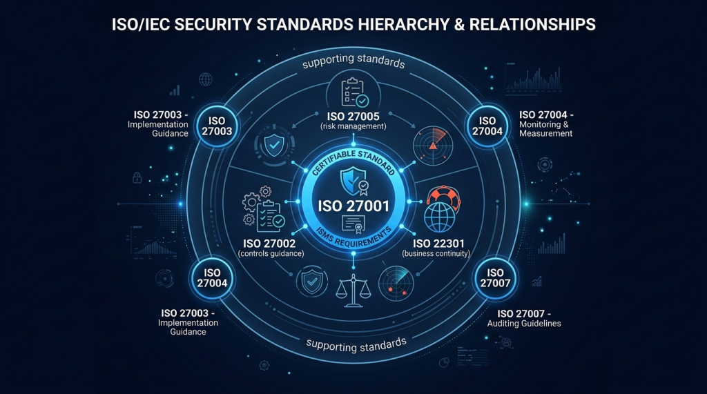 ISO 27001 at the Core, Supported by Controls (27002), Risk Management (27005), and Business Continuity (22301)