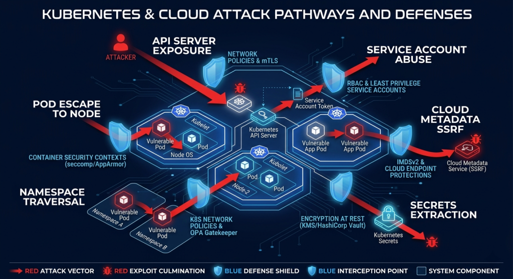 API Server Exposure, Pod Escape, Namespace Traversal, Service Account Abuse, Cloud Metadata, Secrets Extraction
