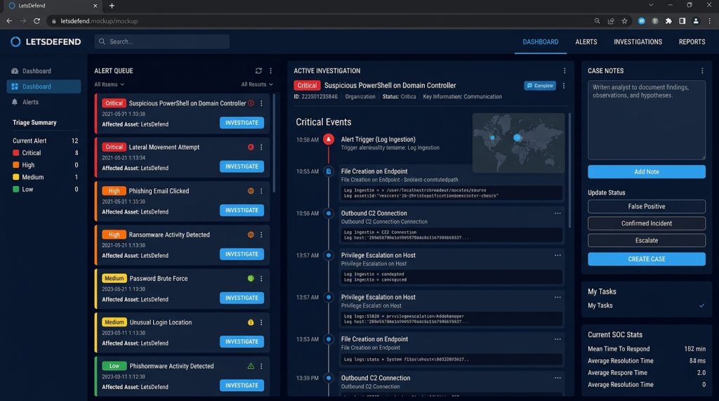 Alert Queue with Severity Indicators, Active Investigation Timeline, and Case Notes Panel
