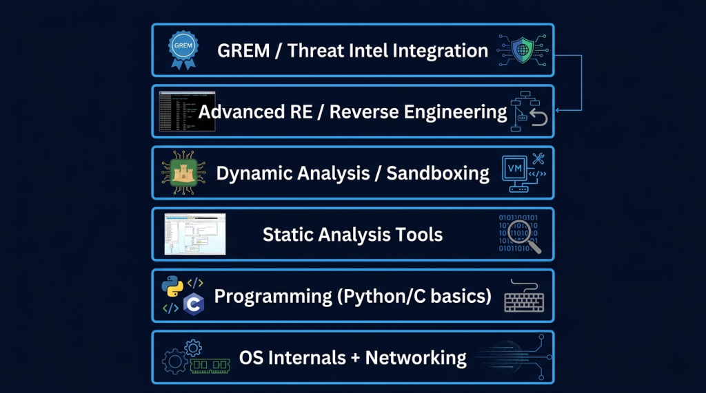 OS Internals → Static Analysis → Dynamic Analysis → Memory Forensics → GREM Certification