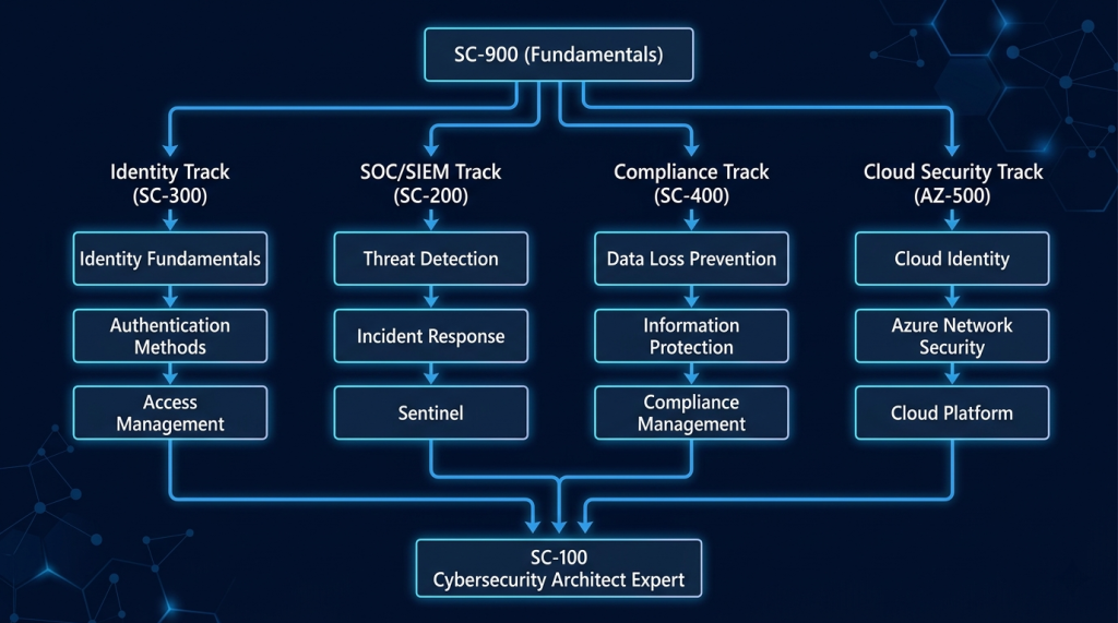 SC-900 Foundation → SC-200 / SC-300 / SC-400 / AZ-500 Associate Tracks → SC-100 Cybersecurity Architect Expert