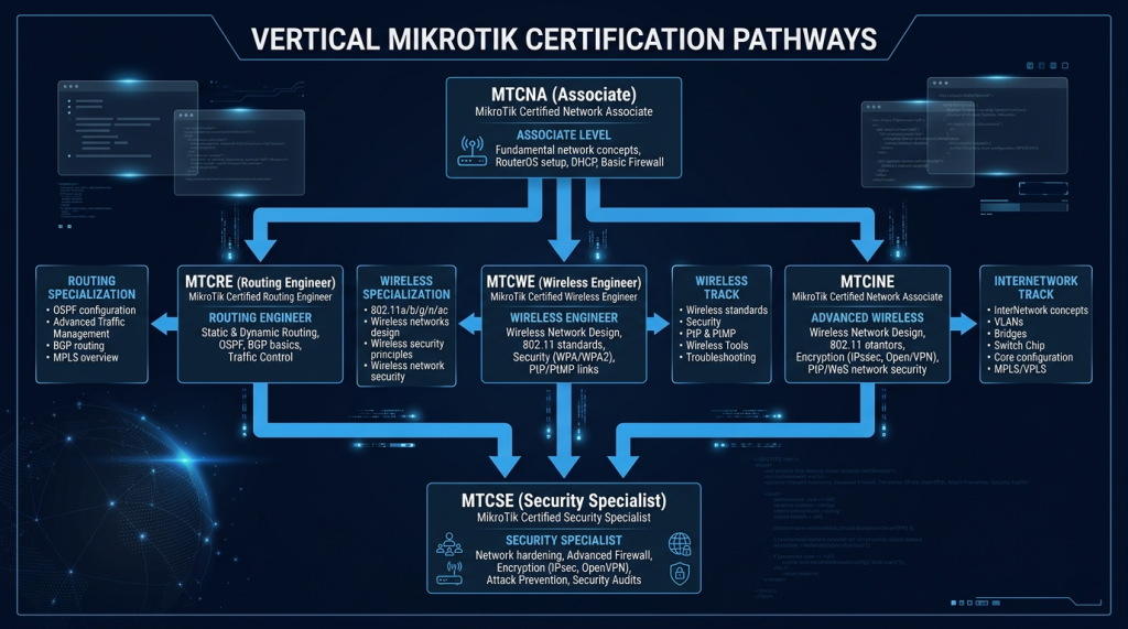 MTCNA Foundation → MTCRE/MTCWE/MTCINE Specializations → MTCSE Security Expert