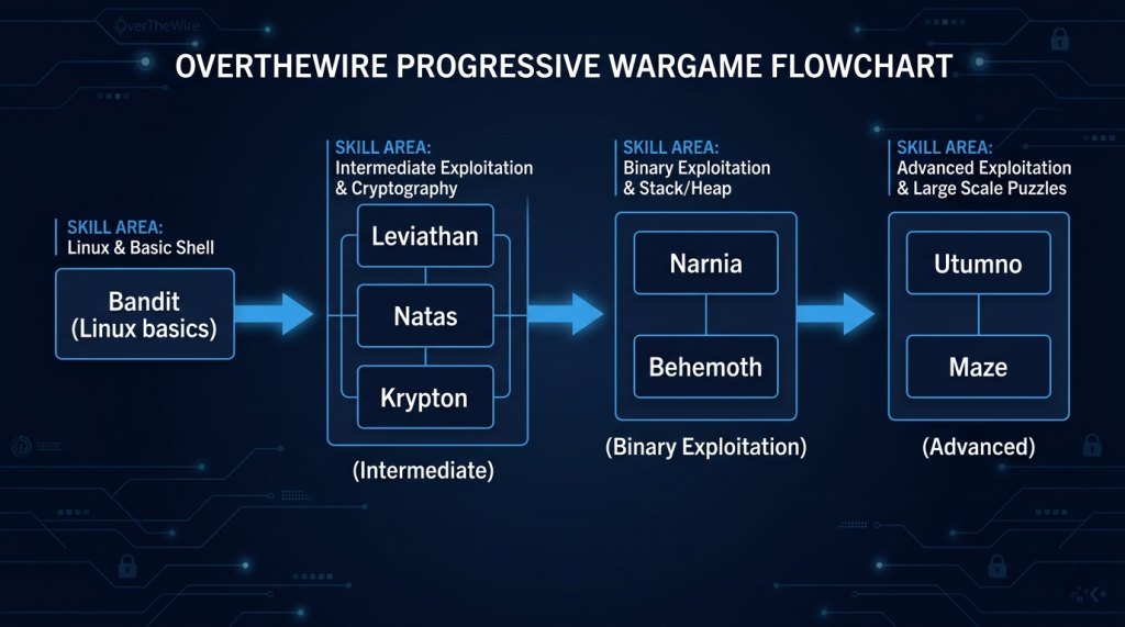Bandit (Linux) → Leviathan / Natas / Krypton (Intermediate) → Narnia / Behemoth (Binary Exploitation) → Advanced