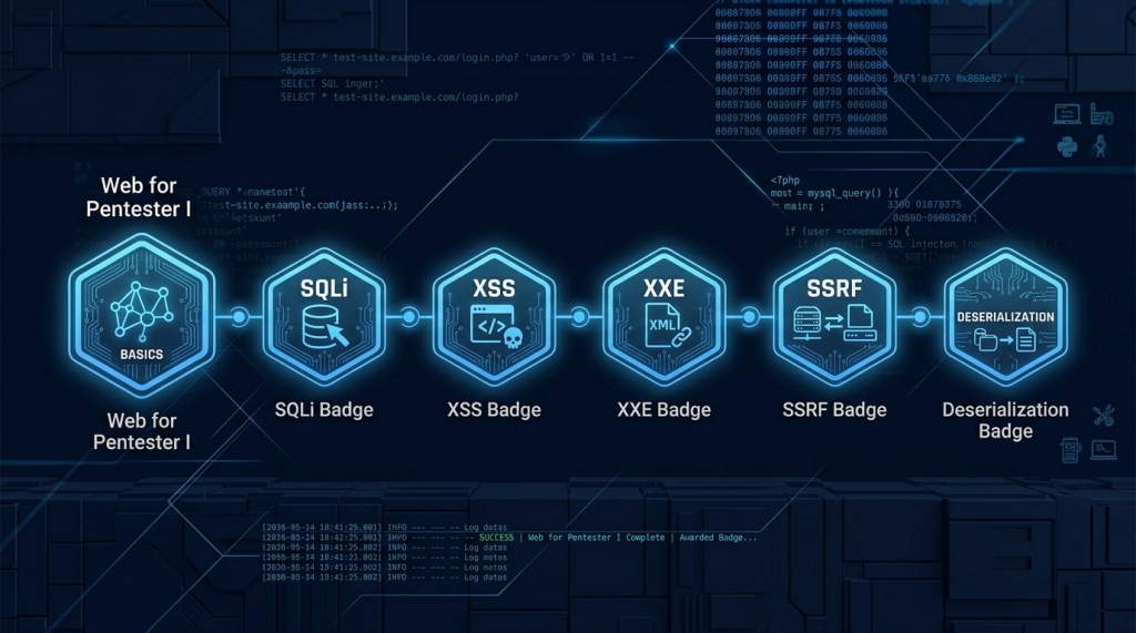 Web for Pentester I → SQLi Badge → XSS Badge → XXE Badge → SSRF Badge → Deserialization Badge