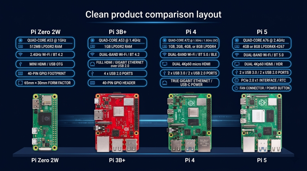 Pi Zero 2W (Covert Implant), Pi 3B+ (Monitoring), Pi 4 (Full Lab), Pi 5 (High Performance)