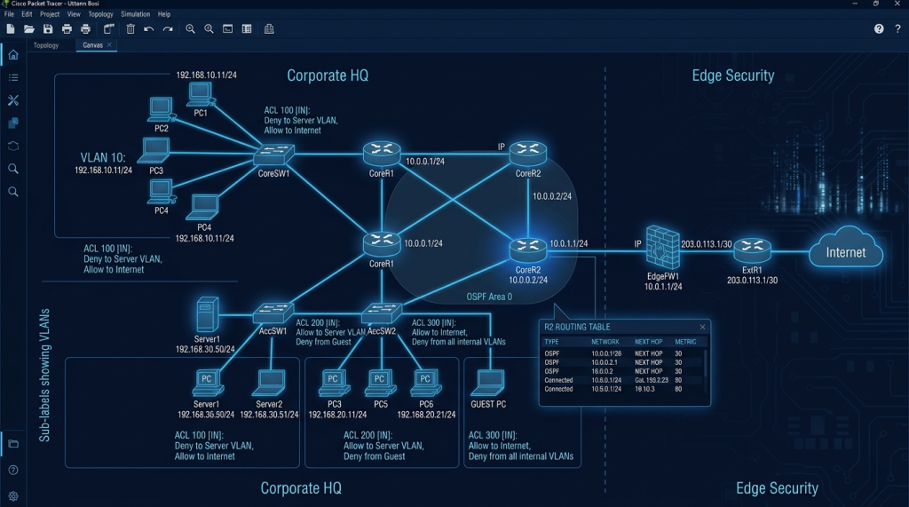 Two Routers, Three Switches, Six PCs, One Firewall — A Security-Focused Network Topology in Packet Tracer
