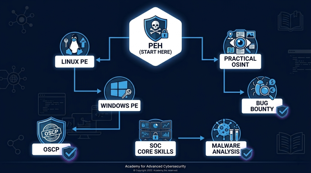 PEH Foundation → Linux/Windows PE → OSCP, or OSINT → Bug Bounty, or SOC → Malware Analysis