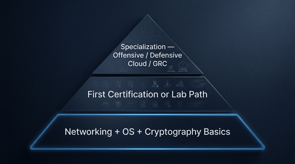 Three-level pyramid: Networking/OS/Crypto, First Cert, Specialization