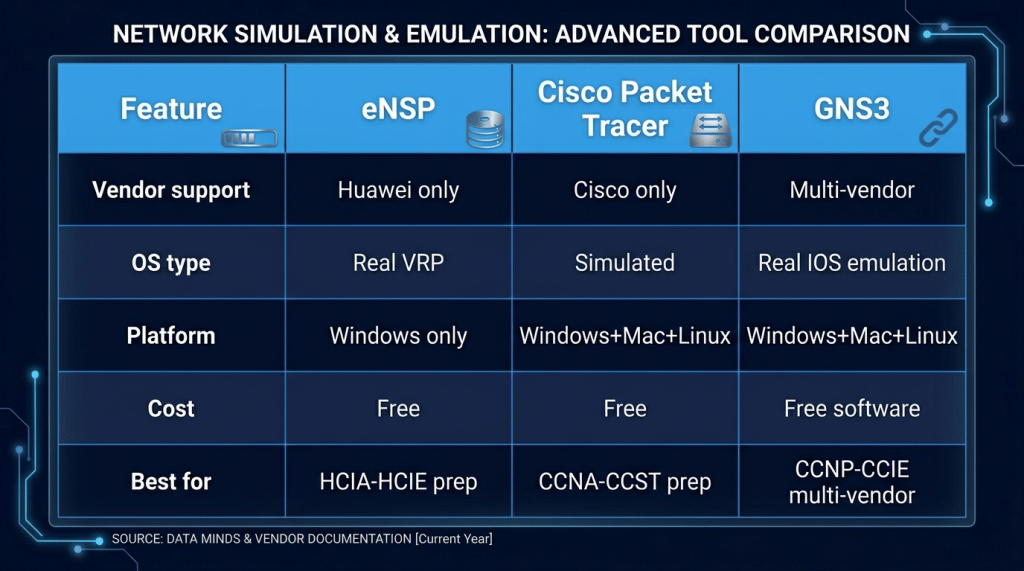 eNSP (Huawei Only, Real VRP) vs Cisco Packet Tracer (Cisco Only, Simulated) vs GNS3 (Multi-Vendor, Real IOS) — Platform Comparison Table
