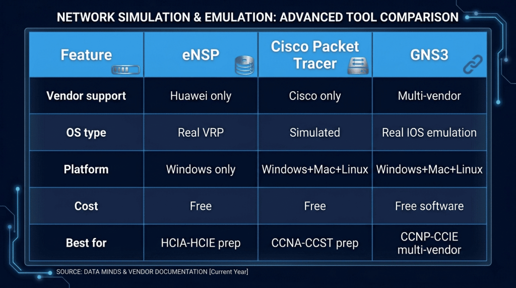 eNSP (Huawei Only, Real VRP) vs Cisco Packet Tracer (Cisco Only, Simulated) vs GNS3 (Multi-Vendor, Real IOS) — Platform Comparison Table
