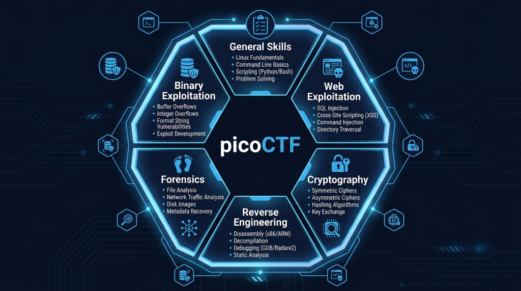 General Skills, Web Exploitation, Cryptography, Reverse Engineering, Forensics, Binary Exploitation
