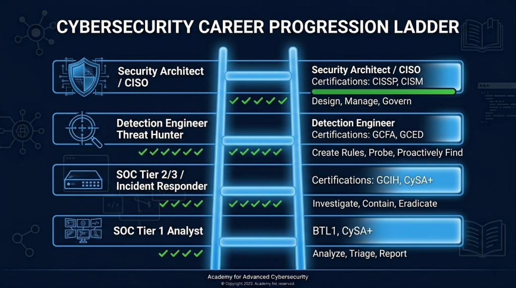 SOC Tier 1 Analyst to Security Architect — The Four-Level Defensive Security Career Ladder