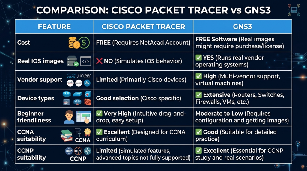 Beginner-Friendly Simulation (Packet Tracer) vs Real IOS Emulation Multi-Vendor (GNS3)