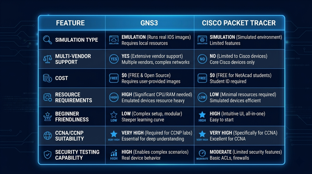 Real IOS Emulation and Multi-Vendor Support (GNS3) vs Simulated Beginner-Friendly (Packet Tracer)