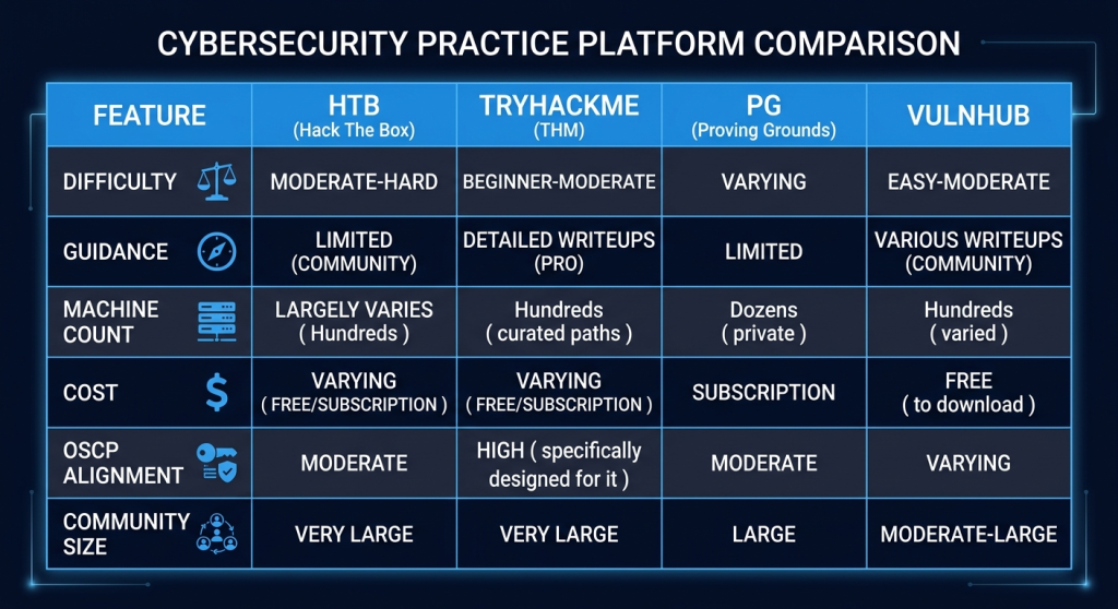 Hack The Box vs TryHackMe vs Proving Grounds vs VulnHub — Difficulty, Guidance, Cost, and OSCP Alignment