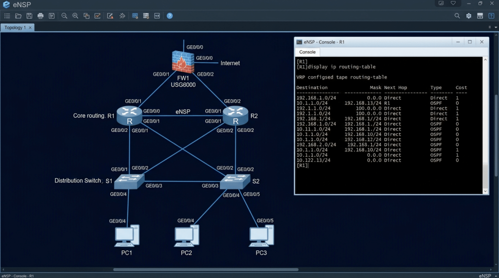 Huawei eNSP Topology with 2 AR Series Routers, 2 S Series Switches, 1 USG6000 Firewall, and VRP Console Showing Routing Table
