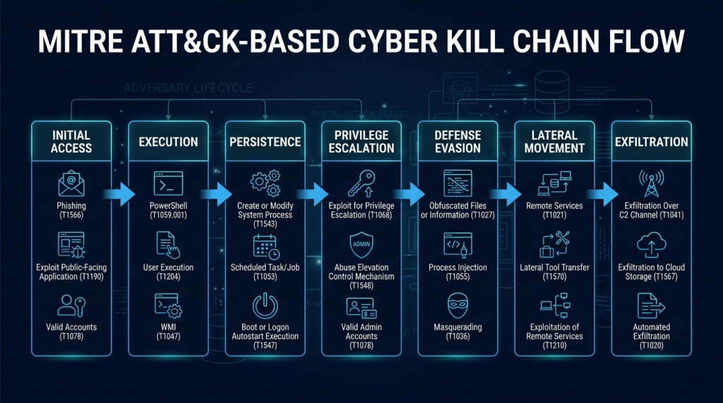 Initial Access → Execution → Persistence → Privilege Escalation → Defense Evasion → Lateral Movement → Exfiltration
