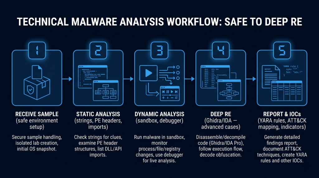 Receive Sample → Static Analysis → Dynamic Analysis → Deep RE → IOCs and ATT&CK Mapping