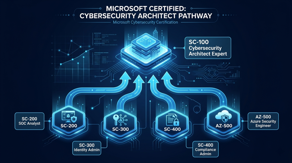 Four Specialist Paths — SOC Analyst, Identity Engineer, Compliance Admin, Azure Security Engineer — All Leading to Cybersecurity Architect Expert