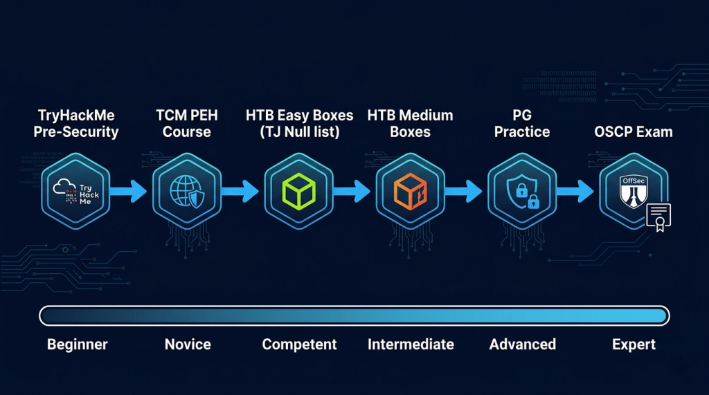 TryHackMe → TCM PEH → HTB Easy Boxes → PG Practice → OSCP Exam: The Proven Prep Sequence
