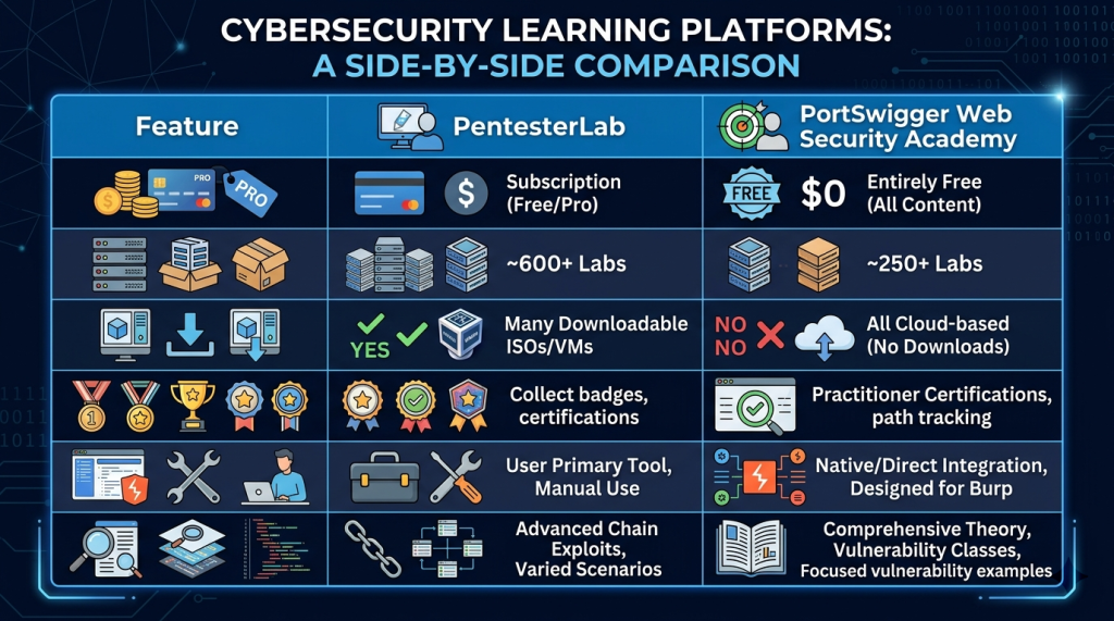 Badges and Downloadable VMs (PentesterLab) vs Burp Suite Integration and Free Access (PortSwigger)