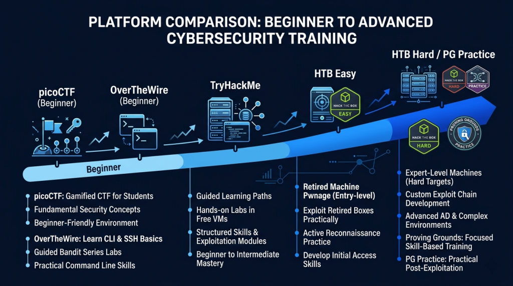 picoCTF and OverTheWire (Beginner) → TryHackMe (Intermediate) → HTB Easy → HTB Hard / PG Practice